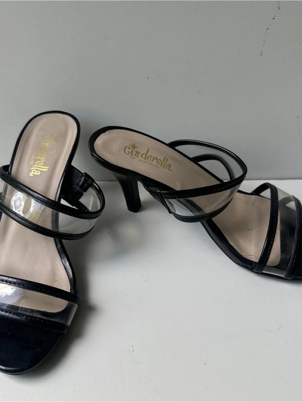 Cinderella of Boston Black Clear Strap Mule Heels Women's Size 4.5